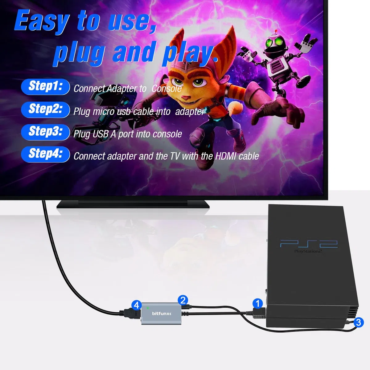 BITFUNX Adattatore HDMI per PS2/PS1/PS One, interruttore RGB integrato a componente, supporta RGB/Component a HDMI 1080P, adattatore per videogiochi Plug & Play