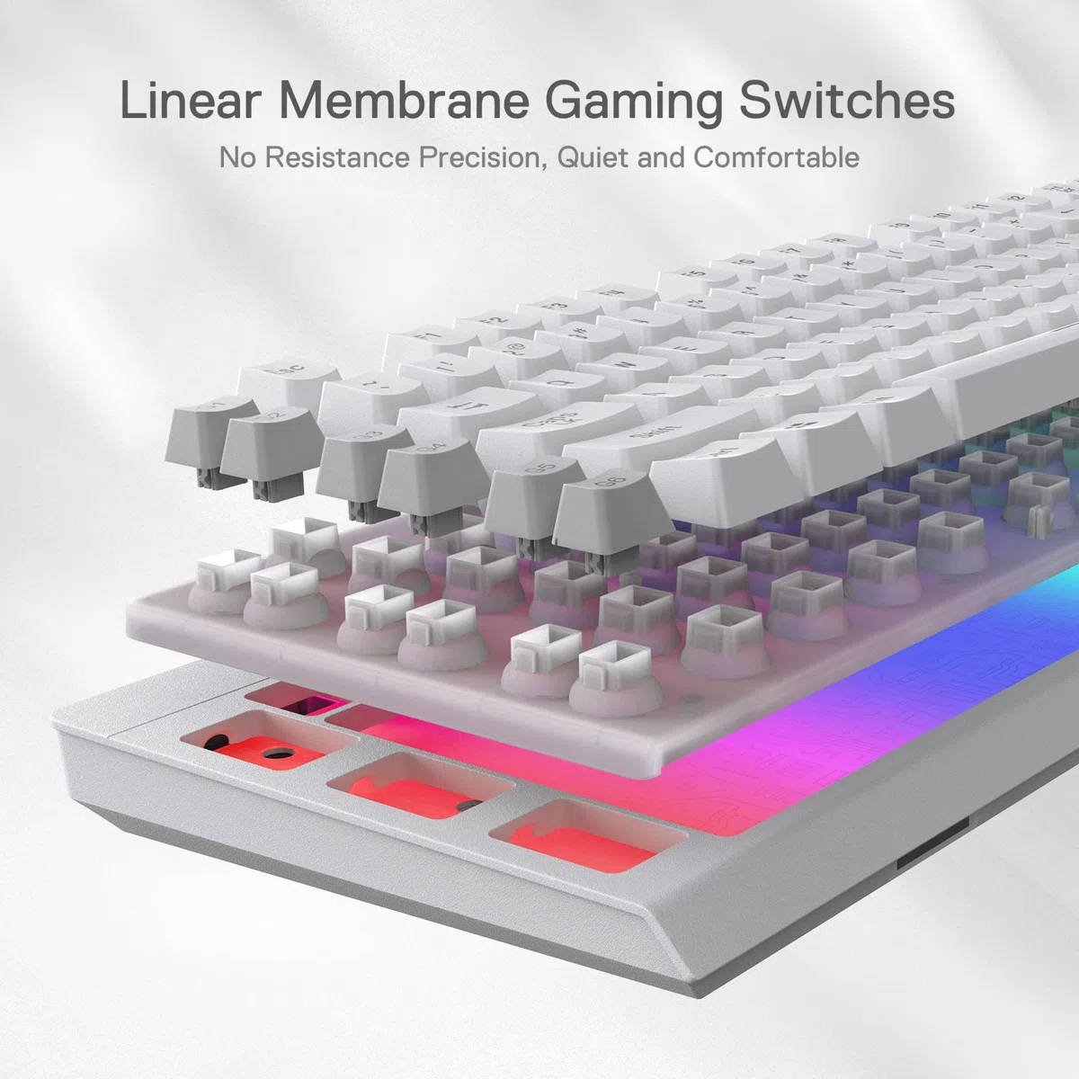 Redragon K512 Shiva - Tastiera da gioco a membrana bianca, illuminazione RGB, tasti G programmabili, controlli multi-media, poggiapolsi integrato, layout QWERTY,US LAYOUT