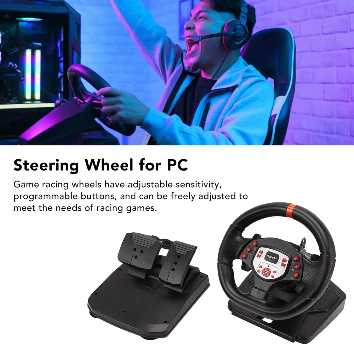 Luqeeg Volanti Corsa per Giochi, Volante per PC con Pedali, Volante da Gioco con Rotazione 180 Gradi Volante per Giochi da Corsa Accessori Videogiochi per 360 PC per per Switch