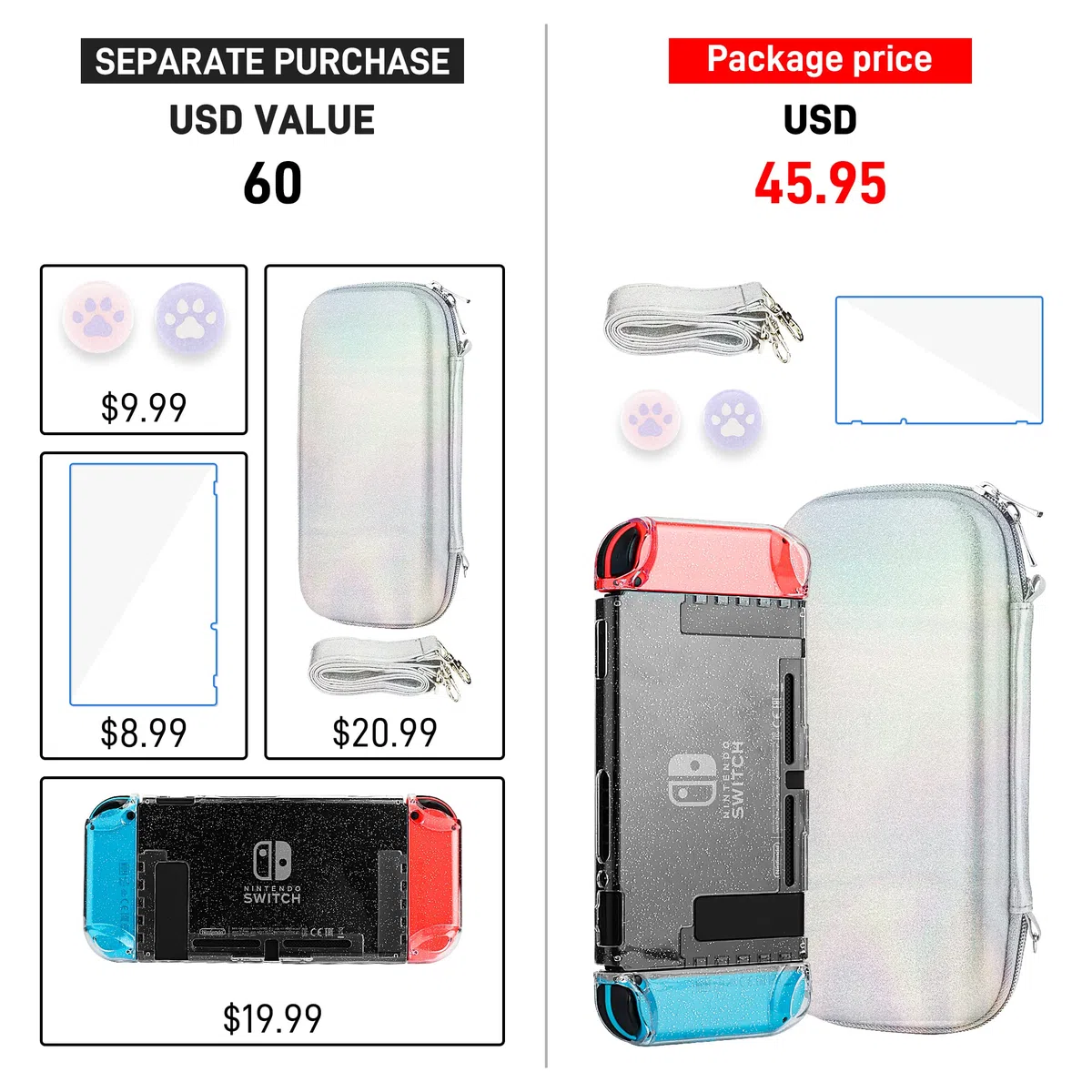 FANPL Custodia glitterata per accessori Nintendo Switch, custodia per Switch e controller Joy Con con custodia protettiva rigida glitterata e protezione per schermo, impugnature per pollice, tracolla