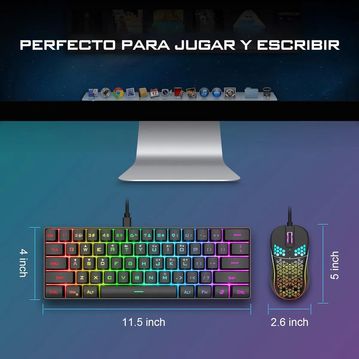 RedThunder K62 - Tastiera e mouse da gaming RGB 60% in lingua spagnola, mini tastiera ultra compatta retroilluminata ed ergonomica, mouse da gaming ottico 7200 dpi, compatibile con PC, PS5, Xbox (nero