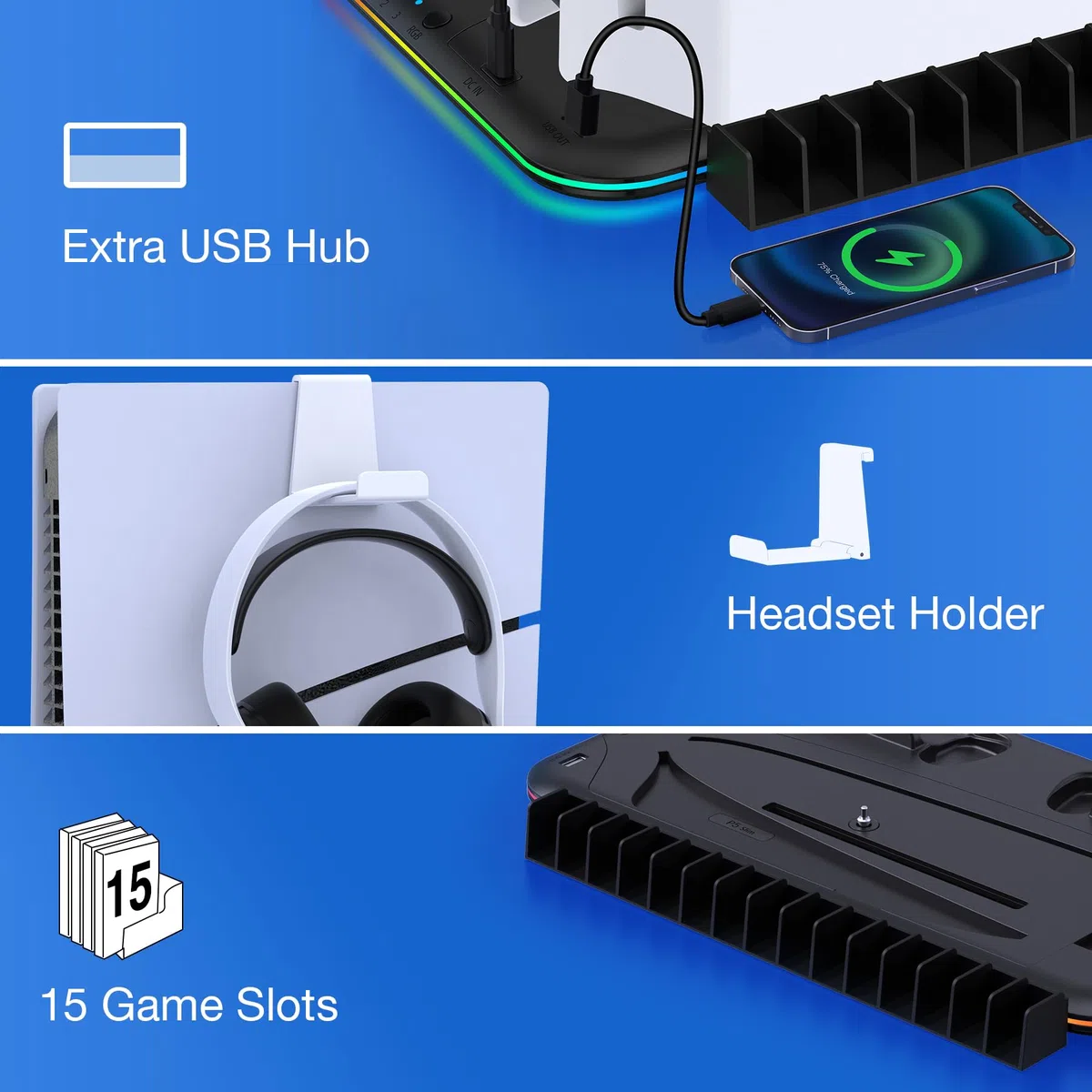 Enhance RGB LED PS5 Stand e stazione di raffreddamento con doppio controller di ricarica, 3 livelli regolabile PS5 Cooler, supporto per cuffie e slot di archiviazione