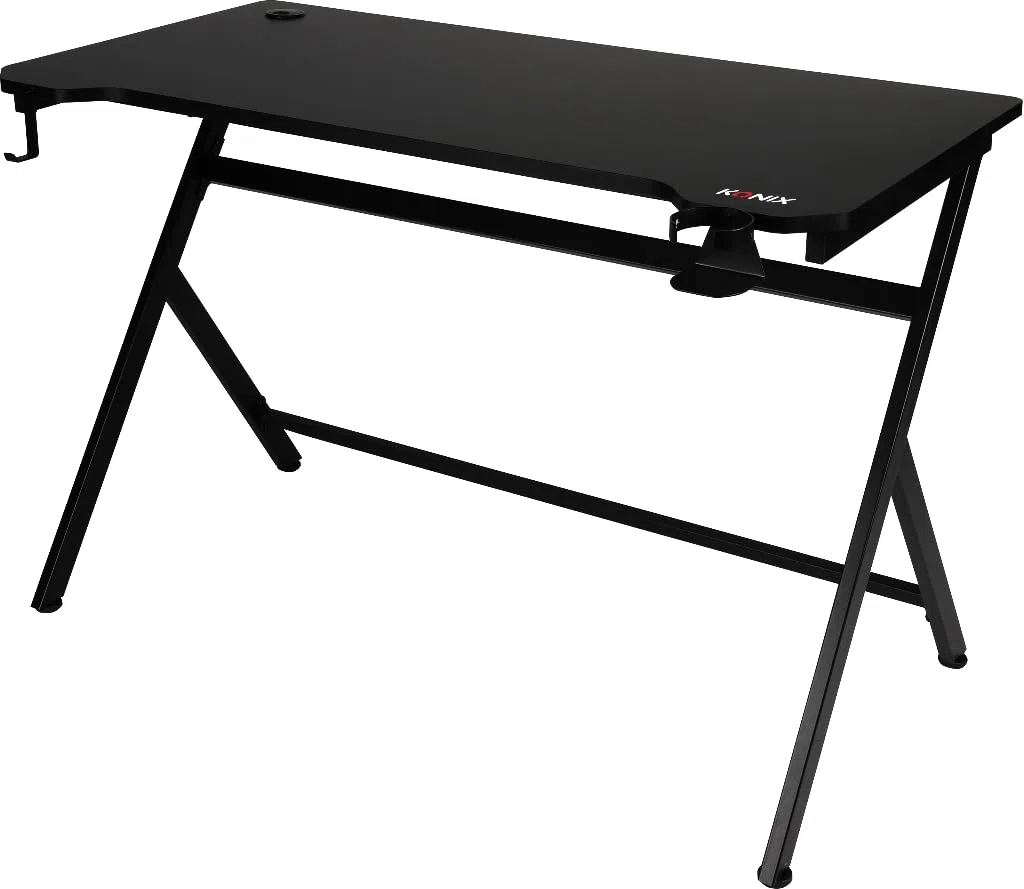 Konix Scrivania gaming Fenris 120 x 60 x 78 cm a forma di Y - Piano del tavolo in legno e metallo - Portabicchieri - Supporto per cuffie - Nero