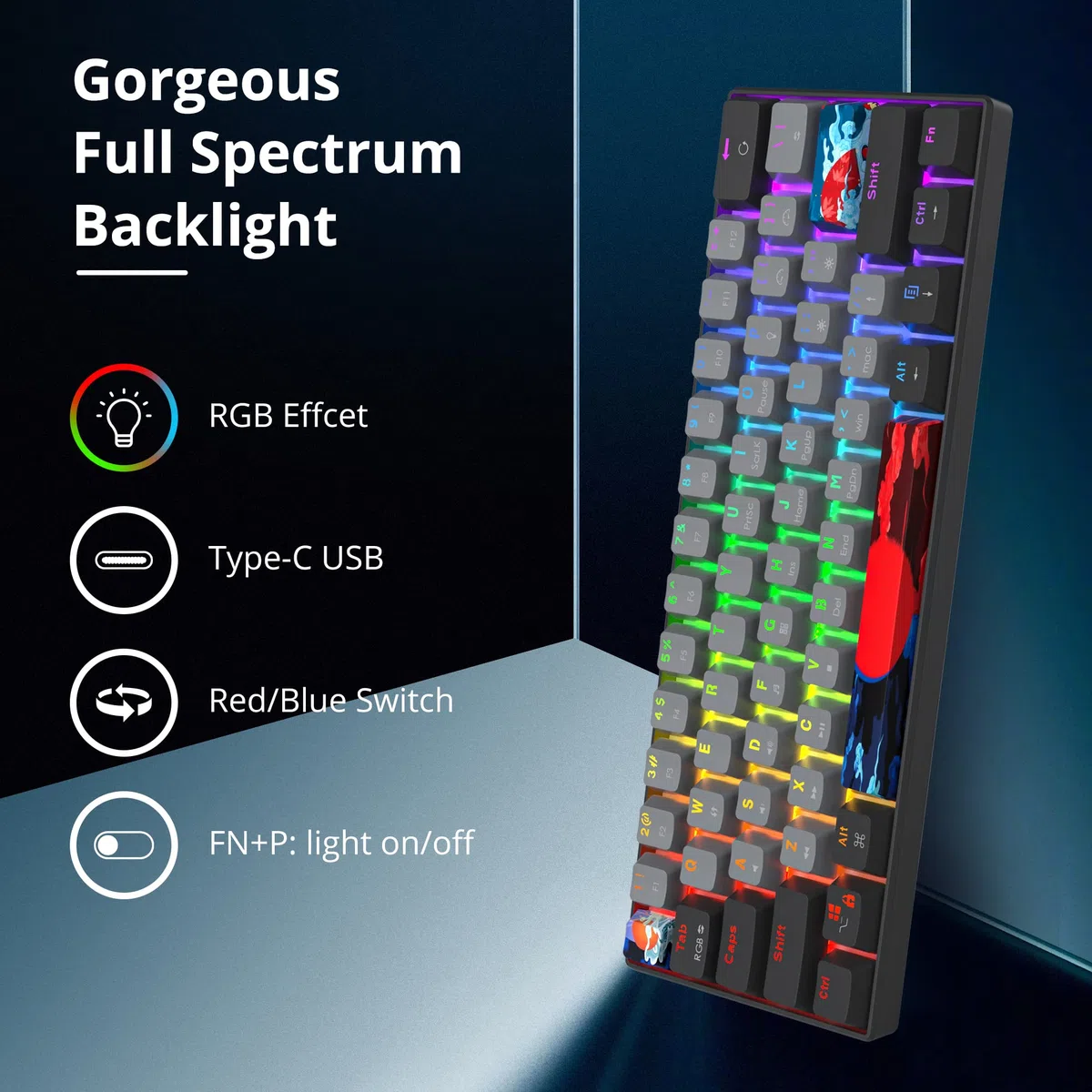 Mini tastiera meccanica da gioco RGB, 60% percento, interruttore blu, ultra compatta, retroilluminata, ergonomica, cablata, con tasti in PBT grigio/nero, per Mac/Win/PC/ps4/ps5 (interruttore