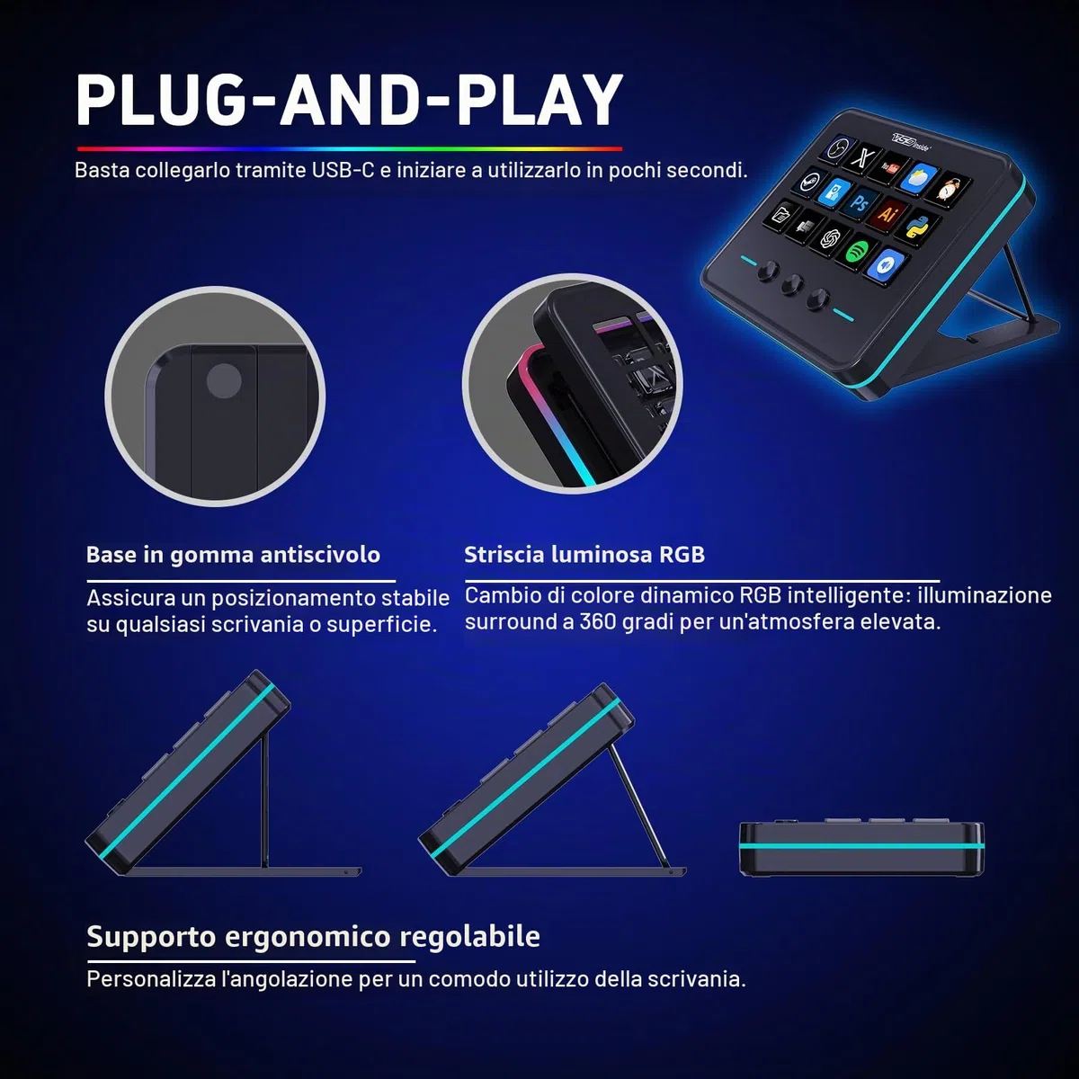 Tastiera macro, controller di flusso con 18 tasti programmabili, pad AI visivo personalizzabile, scheda audio USB per OBS, YouTube, scrivania ufficio, laptop, PC, Mac