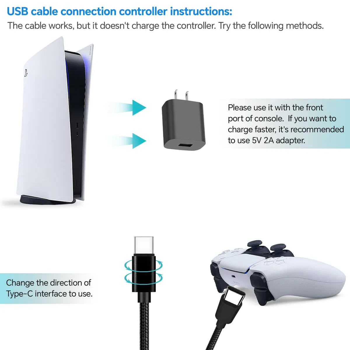 Cavo di ricarica per controller PS5 e Xbox Series X/S, controller Nintendo Switch, controller Xbox Elite serie 2, confezione da 2 cavi USB C di ricambio da 9,8 m, kit di accessori per porte USB C