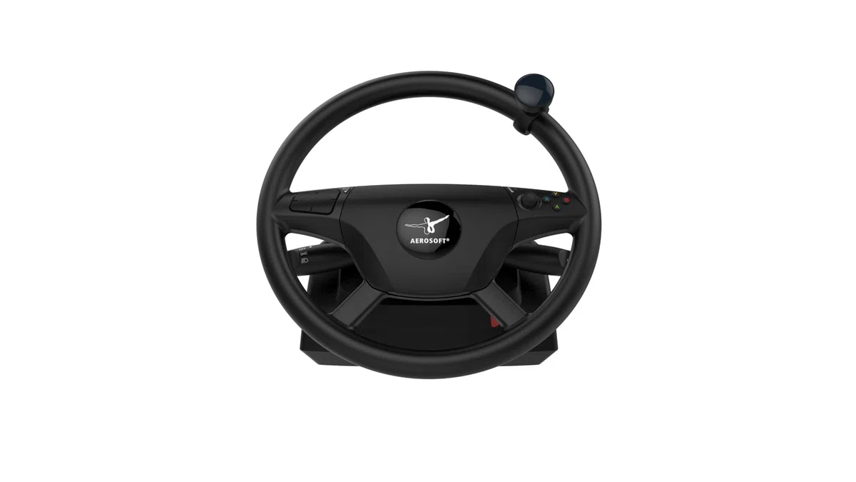 Aerosoft Truck & Bus Wheel System – Volante professionale con Force Feedback per simulazioni di camion e autobus su PC con pedaliera a 3 pedali e leva del cambio realistica