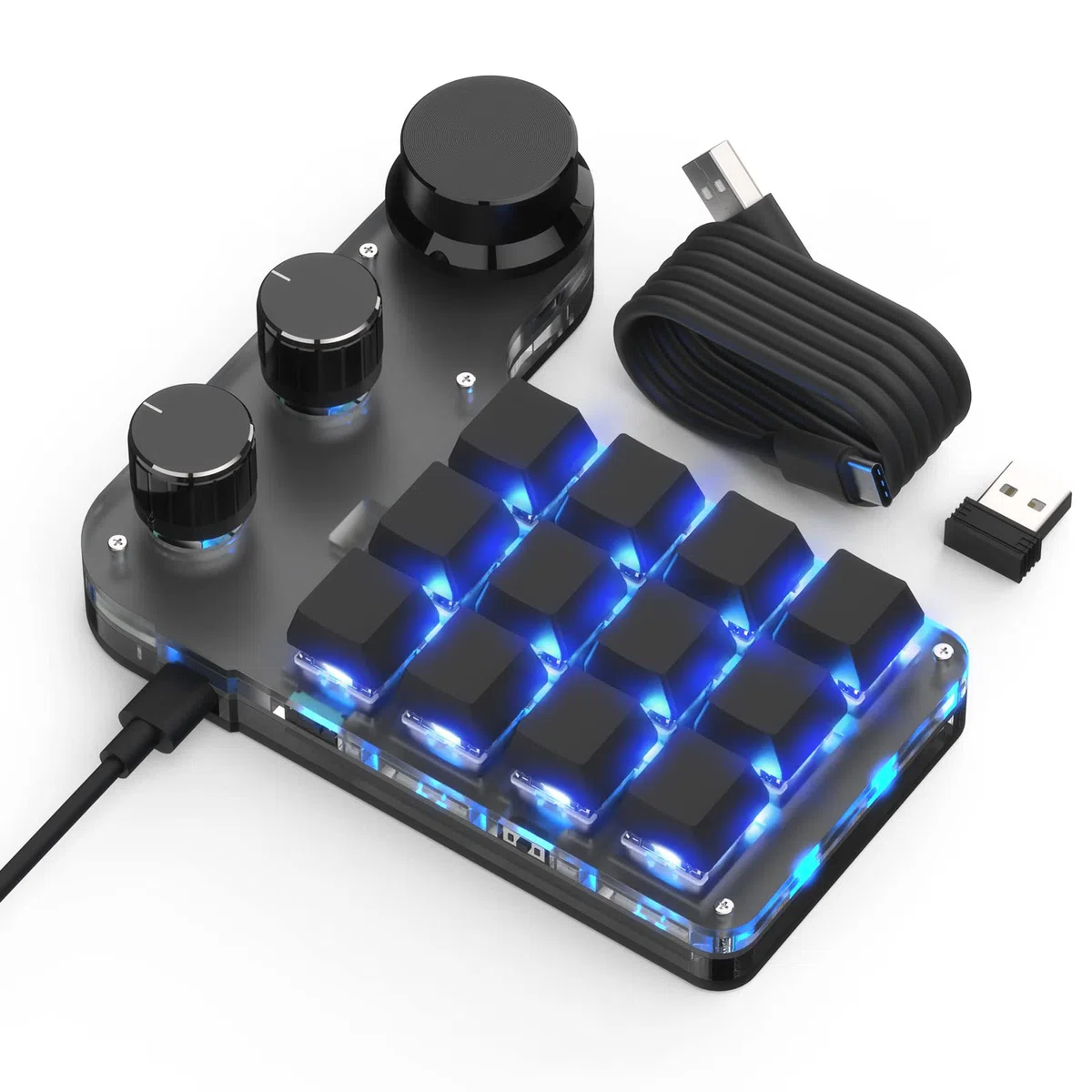 Tastiera Macro Programmabile Mini Meccanica Wireless Hot-Swap RGB, Tastiera Gaming Personalizzabile Tri-Mode 2.4G Bluetooth USB-C con Manopola per Gamer, Ufficio (Nero, 12 Tasti 3 Manopola)