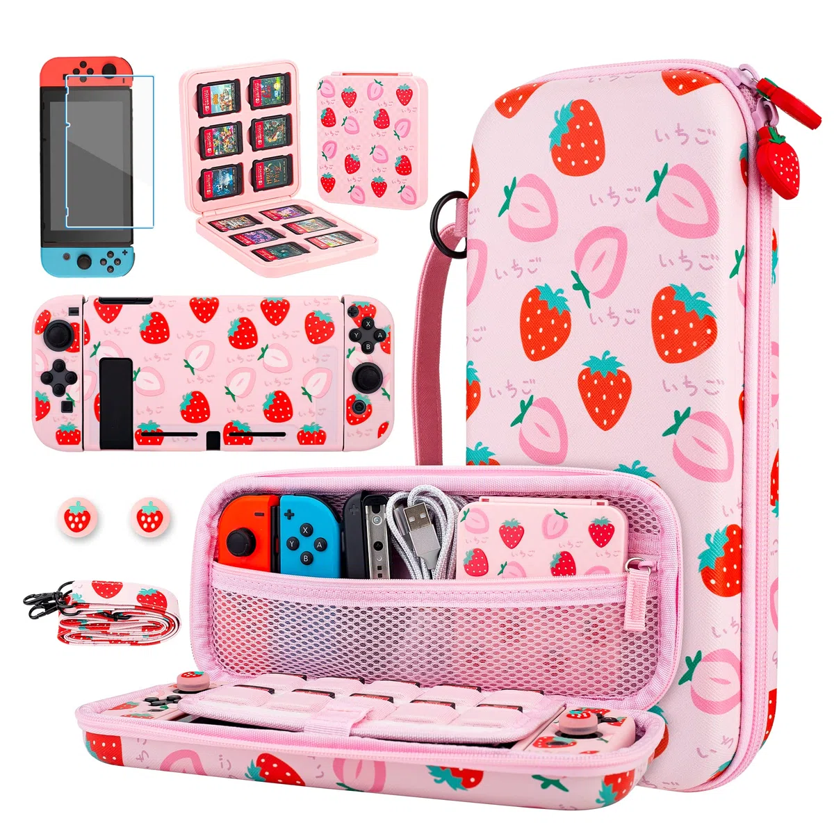 GLDRAM Custodia da trasporto rosa fragola per accessori Nintendo Switch, custodia da viaggio carina con custodia morbida in TPU, custodia da gioco, pellicola protettiva in vetro, tappi per impugnatura