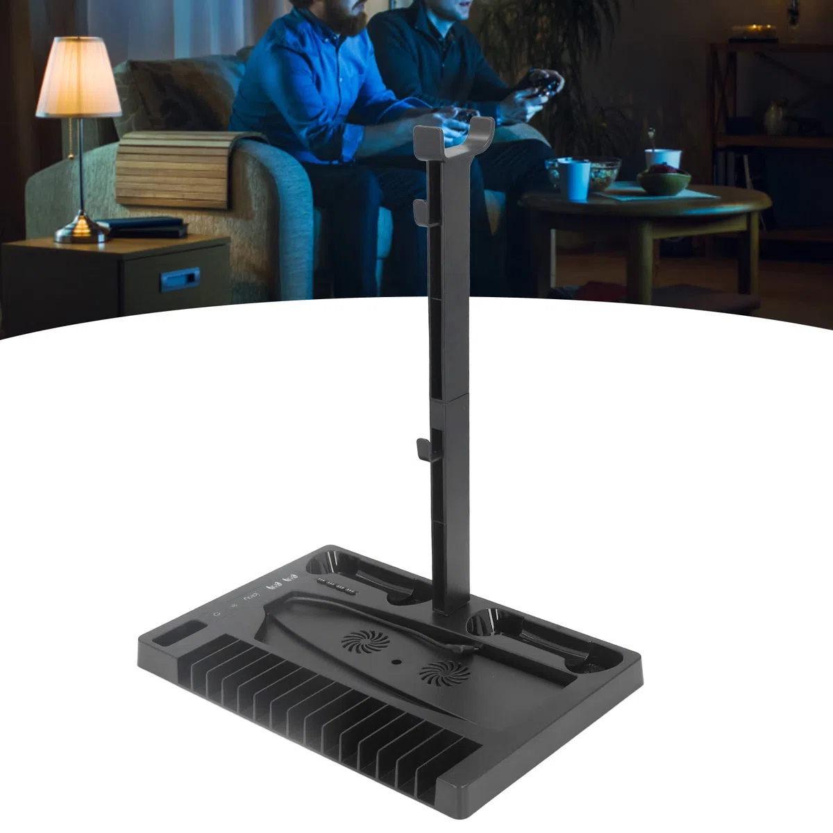 Ventola di Raffreddamento del Supporto Verticale PS5 Stazione di Ricarica Professionale a Doppio Controller con Vassoio Portaoggetti per Supporto per Cuffie