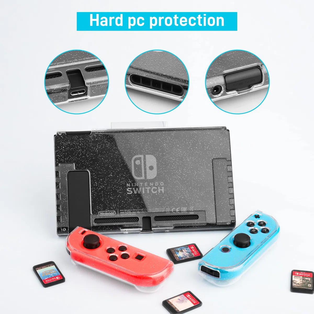 FANPL Custodia glitterata per accessori Nintendo Switch, custodia per Switch e controller Joy Con con custodia protettiva rigida glitterata e protezione per schermo, impugnature per pollice, tracolla