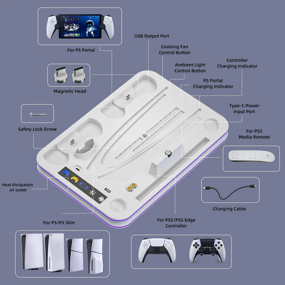 Supporto sottile e stazione di raffreddamento per PS5 con controller RGB LED stazione di ricarica per Playstation 5, controller PS5 caricabatterie per controller Dual Sense & Edge, accessori sottili