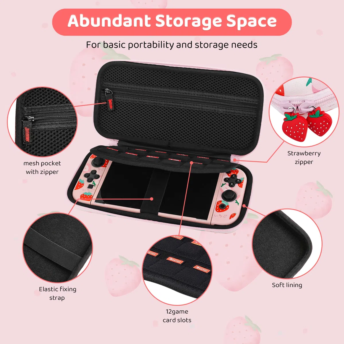 FUNDIARY Graziosa custodia per Nintendo Switch, borsa da viaggio per interruttore con custodia protettiva, protezione schermo, tracolla regolabile e 2 tappi per pollice fragola