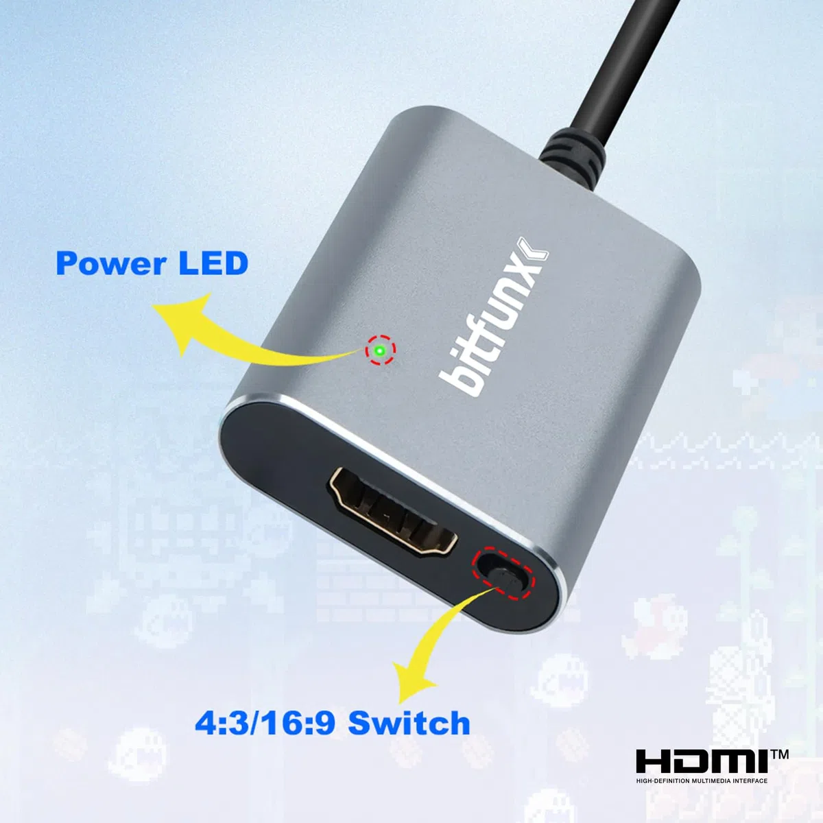 BITFUNX Adattatore HDMI N64/NGC/SFC/SNES - Supporta Auto SV e AV e switch 16:9/4:3, adattatore plug & play per videogiochi senza ritardi, adattatore HDMI per console N64/NGC/SFC/SNES