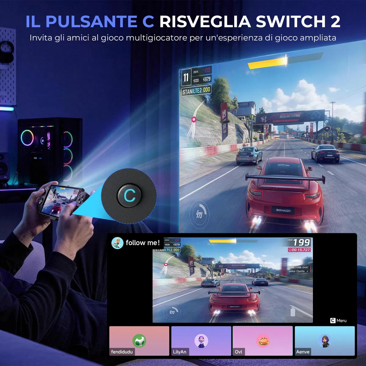 ECHTPower Controller per Switch 2, Gamepad Wireless con Pulsante C, Giroscopio a 9 Assi, Hall Joystick, Senza Deriva, Vibrazione, Turbo, Macro e Pulsanti Posteriori Programmabili, Ergonomico