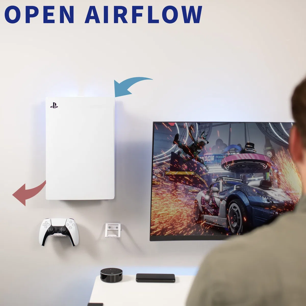 VIVO Staffa di montaggio a parete in acciaio progettata per console di gioco PS5, display verticale per Playstation 5, design aperto, 2 supporti per controller, bianco, MOUNT-PS5W