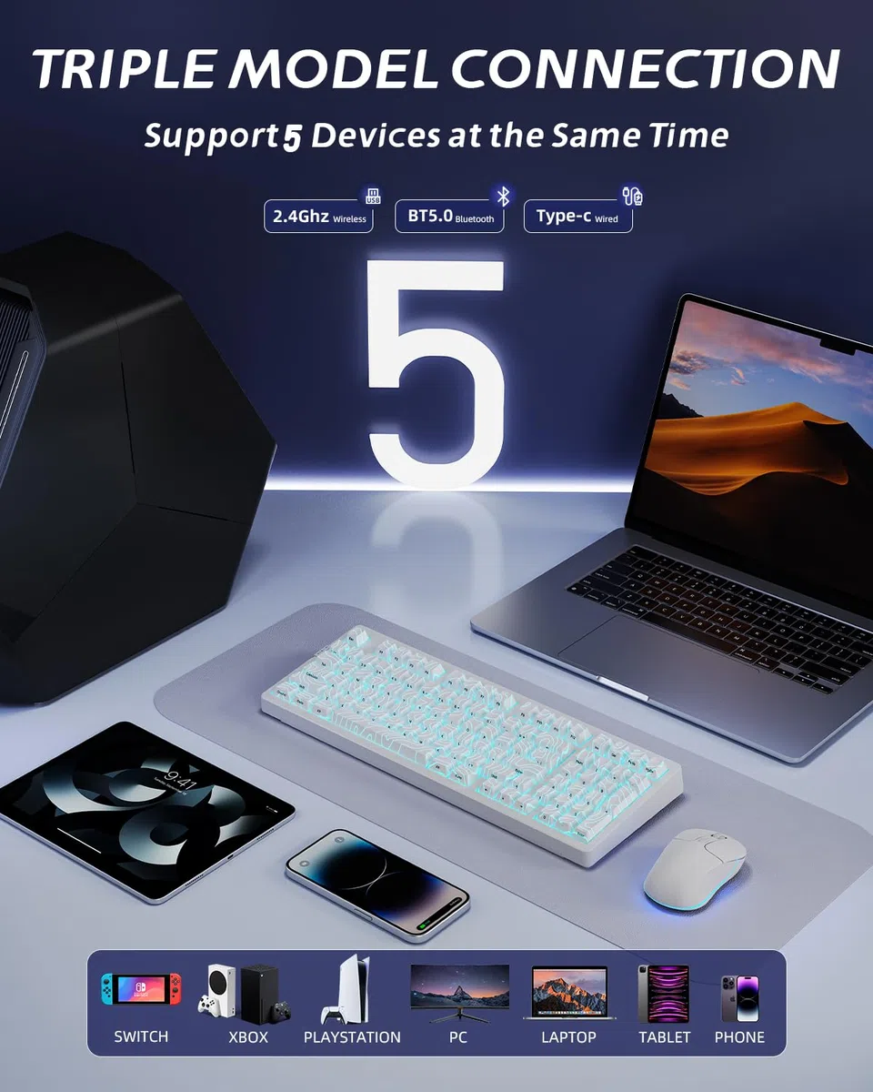 ZORNHER Tastiera meccanica ZH980 Wireless,Tastiera cremosa bianca al 95% con tastierino numerico,Tastiera da gioco personalizzata sostituibile a caldo,Tasti topografici bianchi,Interruttori lineari