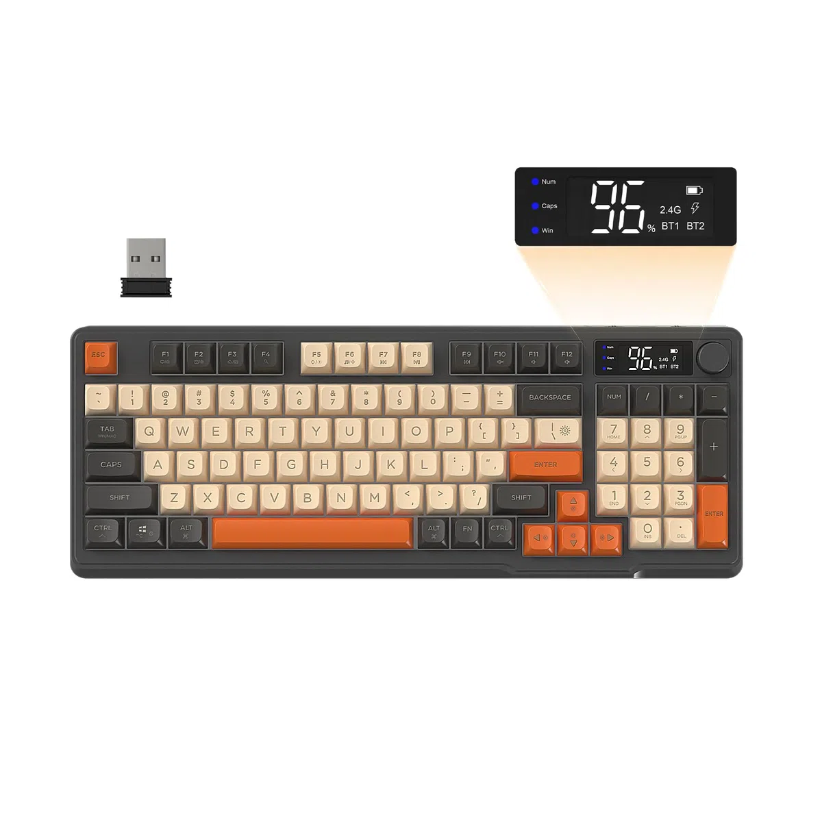 FREEWOLF M96 Tastiera Da Gioco Wireless, Controllo Tramite Manopola Bluetooth/Tastiera Wireless 2.4G, Retroilluminazione a LED RGB con Schermo, Copritasto PBT, 3000mAh, Layout USA QWERTY - Luccichio