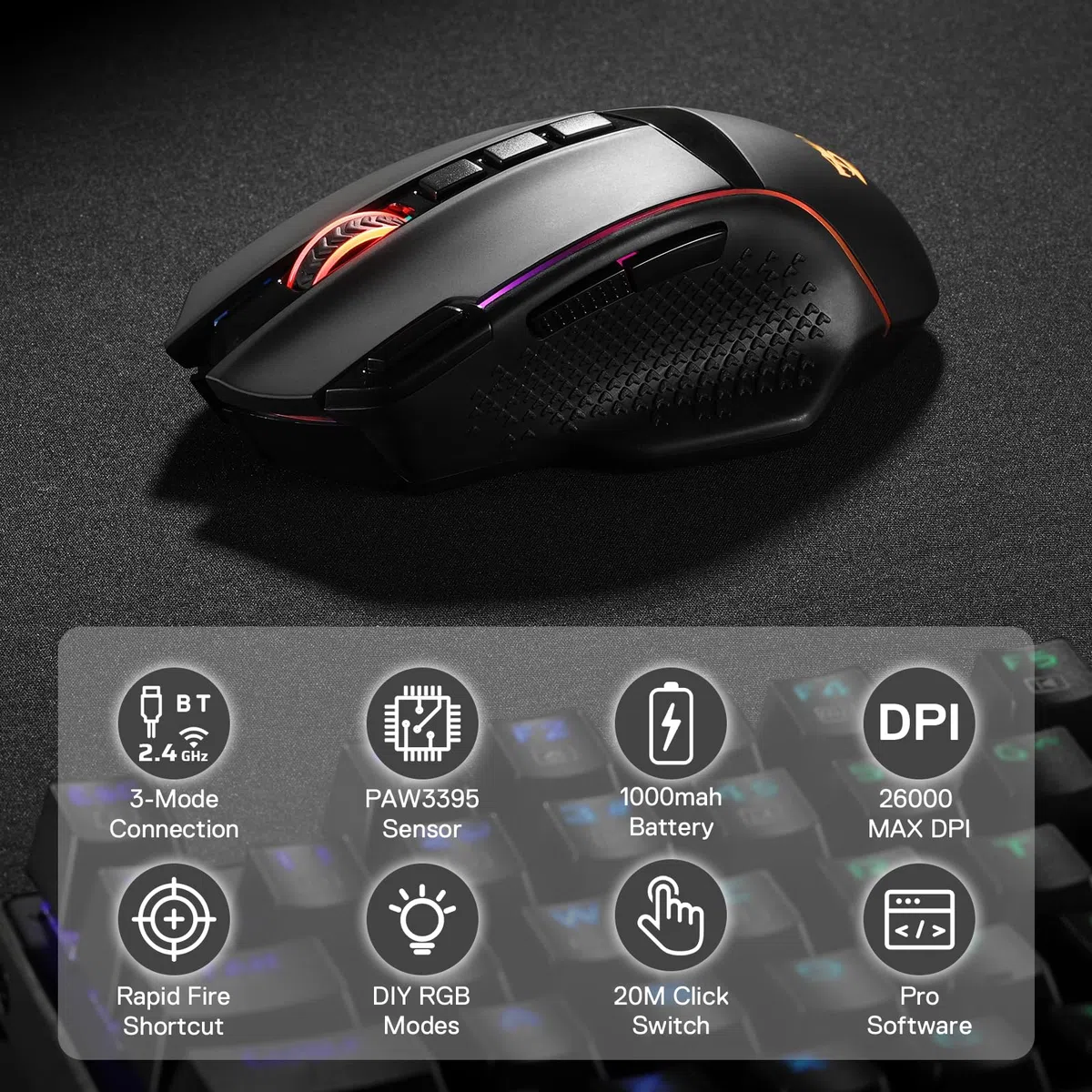 Redragon M991 Mouse Wireless 19000 DPI Fuoco Rapido 9 Tasti | mouse gioco wireless cablato 19000 DPI tasto fuoco rapido 9 pulsanti macro autonomia 45 ore retroilluminazione RGB