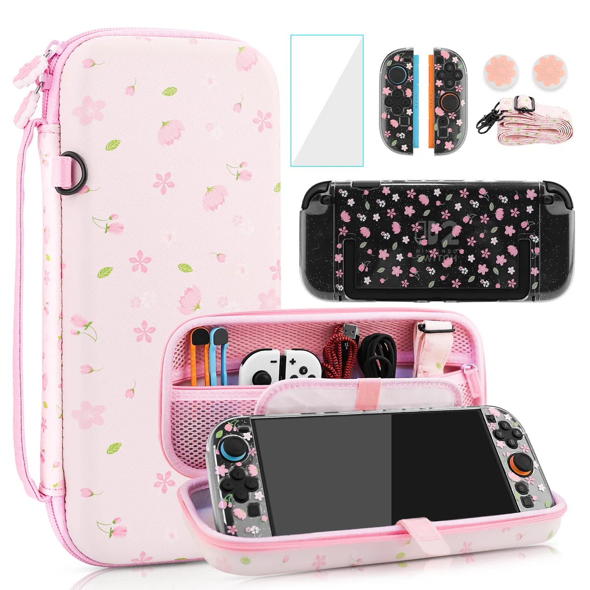FANPL Custodia da trasporto carina per Nintendo Switch 2, kit di accessori per interruttore rosa con custodia rigida da viaggio con motivo floreale, cover Sakura glitterata, cinturino regolabile