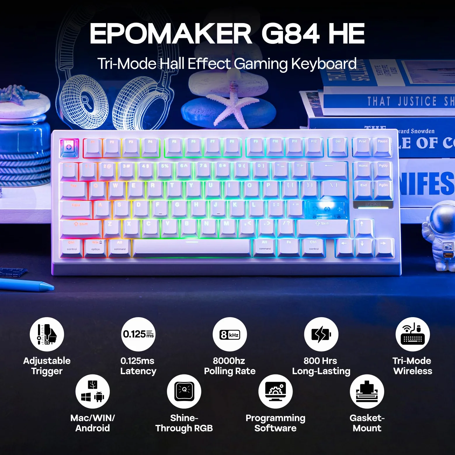 EPOMAKER G84 HE Tastiera da Gioco Wireless, 8K Polling & 8000mAh, SOCD & DKS, Tastiera ad effetto Hall con Trigger & Adjustable Actuation, RGB Backlit, PBT Keycap, Hot-Swap, per WIN/Mac (Bianco)