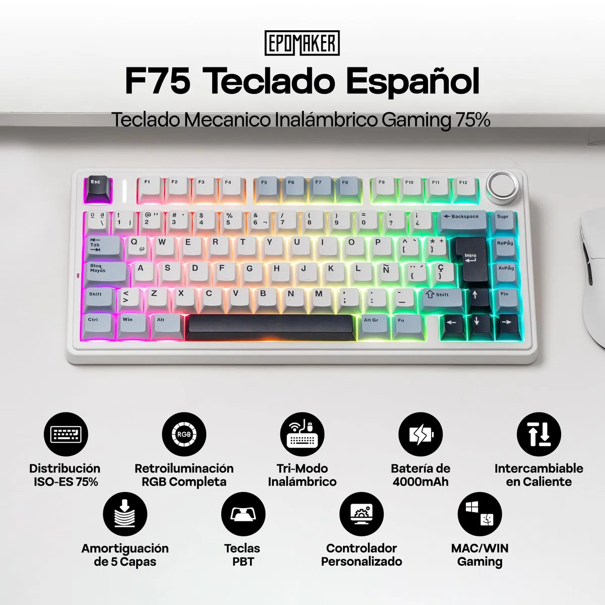 EPOMAKER Aula F75 ISO-ES Tastiera Meccanica Spagnolo con Maniglia, Tastiera Wireless Gaming, BT/2.4G/USB, Gasket Cremoso, Retroilluminazione RGB, Hot-Swap, 75%, PBT Keycap (Blu Bianco)
