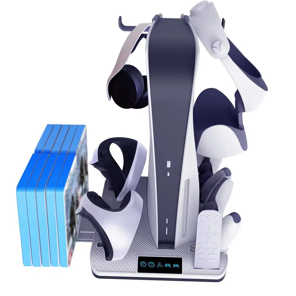 Supporto di ricarica multifunzionale di raffreddamento compatibile con console PS5 con stazione di ricarica a doppio controller VR2 per dock di ricarica con maniglia PS VR2