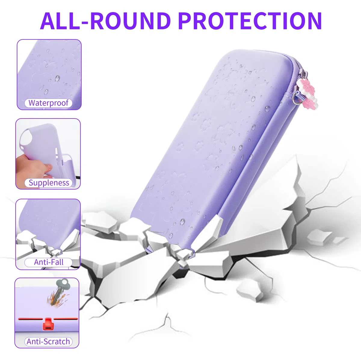 GLDRAM Custodia da trasporto per Nintendo Switch Lite, set di accessori con custodia da viaggio Sakura viola, custodia protettiva in morbido TPU, pellicola protettiva per schermo HD, 2 simpatiche