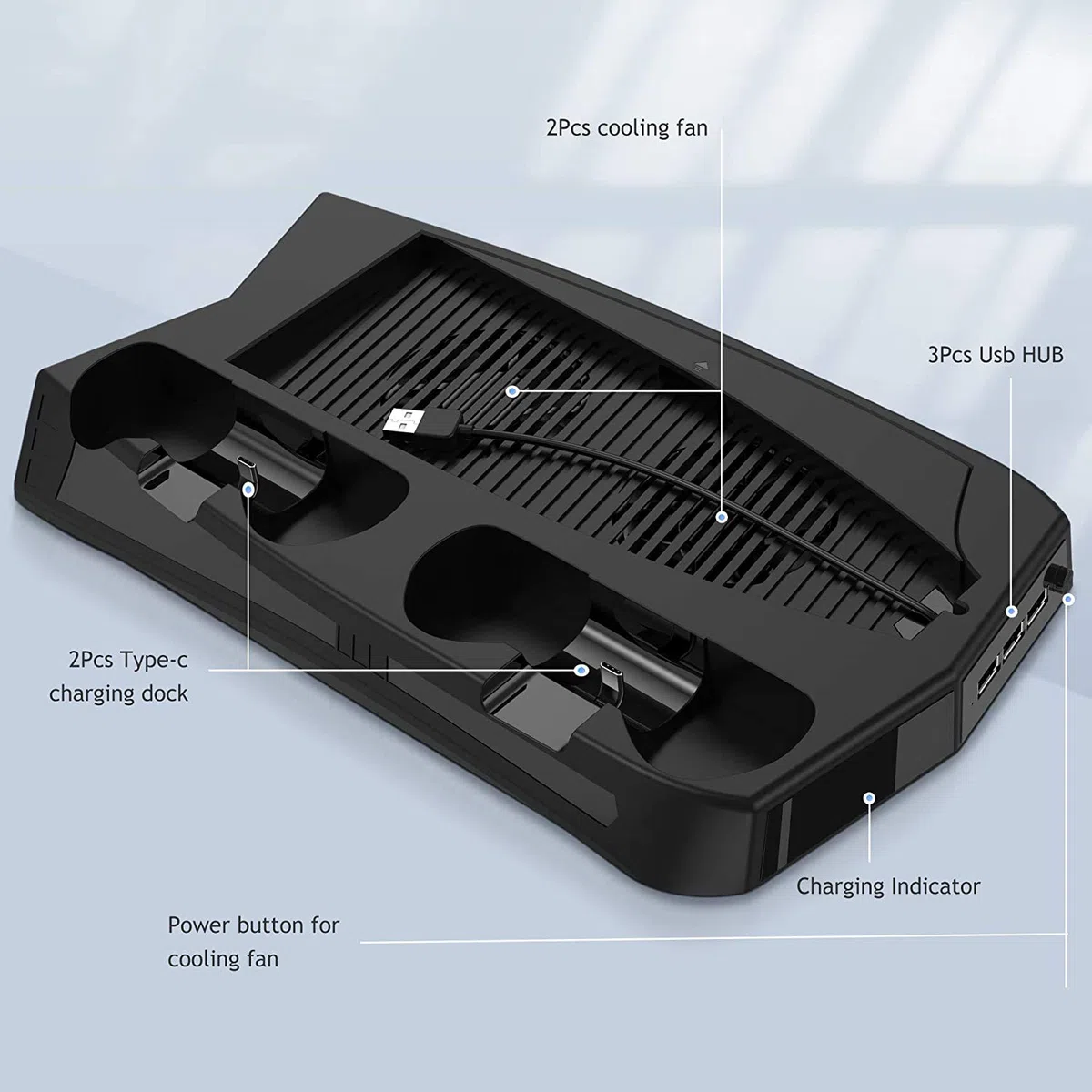 Supporto verticale con ventola di raffreddamento per console PS5 e Playstation 5 Edizione digitale, stazione di ricarica doppio controller con 3 porte USB per DualSense 5