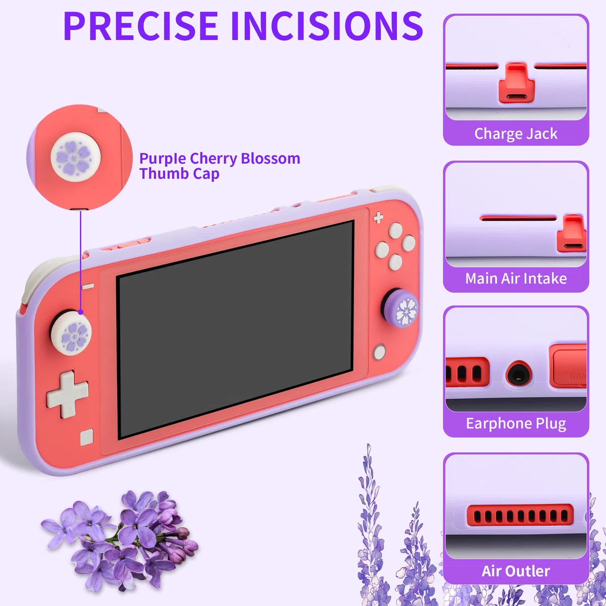 GLDRAM Custodia da trasporto per Nintendo Switch Lite, set di accessori con custodia da viaggio Sakura viola, custodia protettiva in morbido TPU, pellicola protettiva per schermo HD, 2 simpatiche
