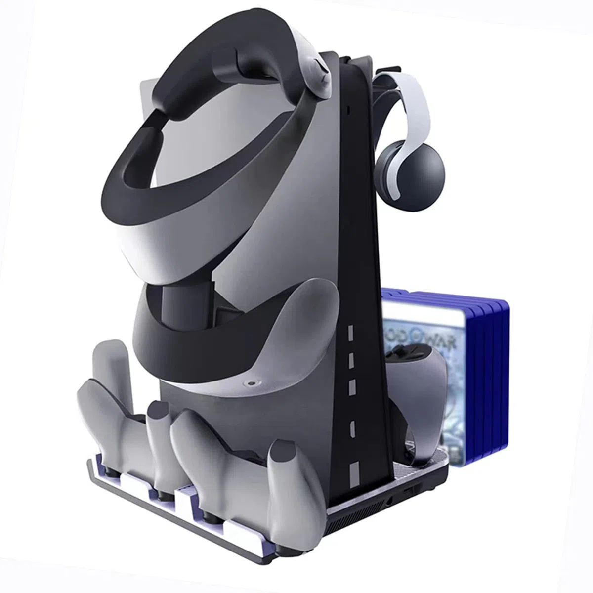 Stazione di ricarica adatta per controller PSVR2/PS5, supporto con ventola di raffreddamento per console PS5 UHD/DE, 4 controller dock caricabatterie e 10 giochi di archiviazione