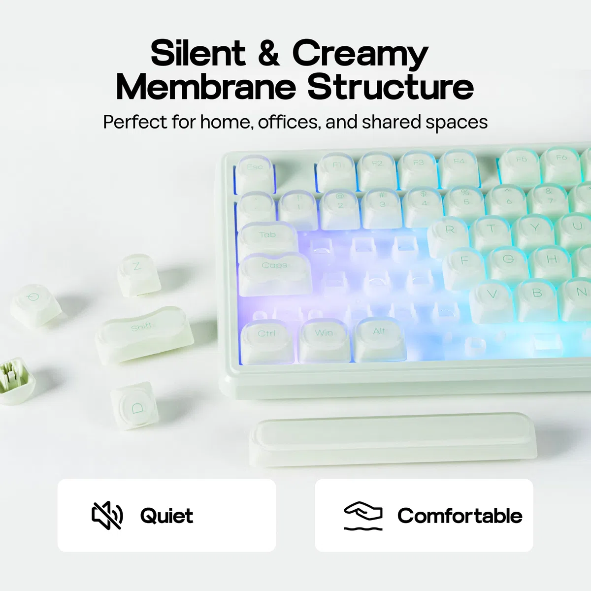 MechLands M108 tastiera full size 100% con tastierino, membrana morbida, wireless 3 modalità, batteria 5000mAh, tasti PBT, RGB, rollover 26 tasti. Compatibile Win/Mac, per gaming e ufficio (Verde)