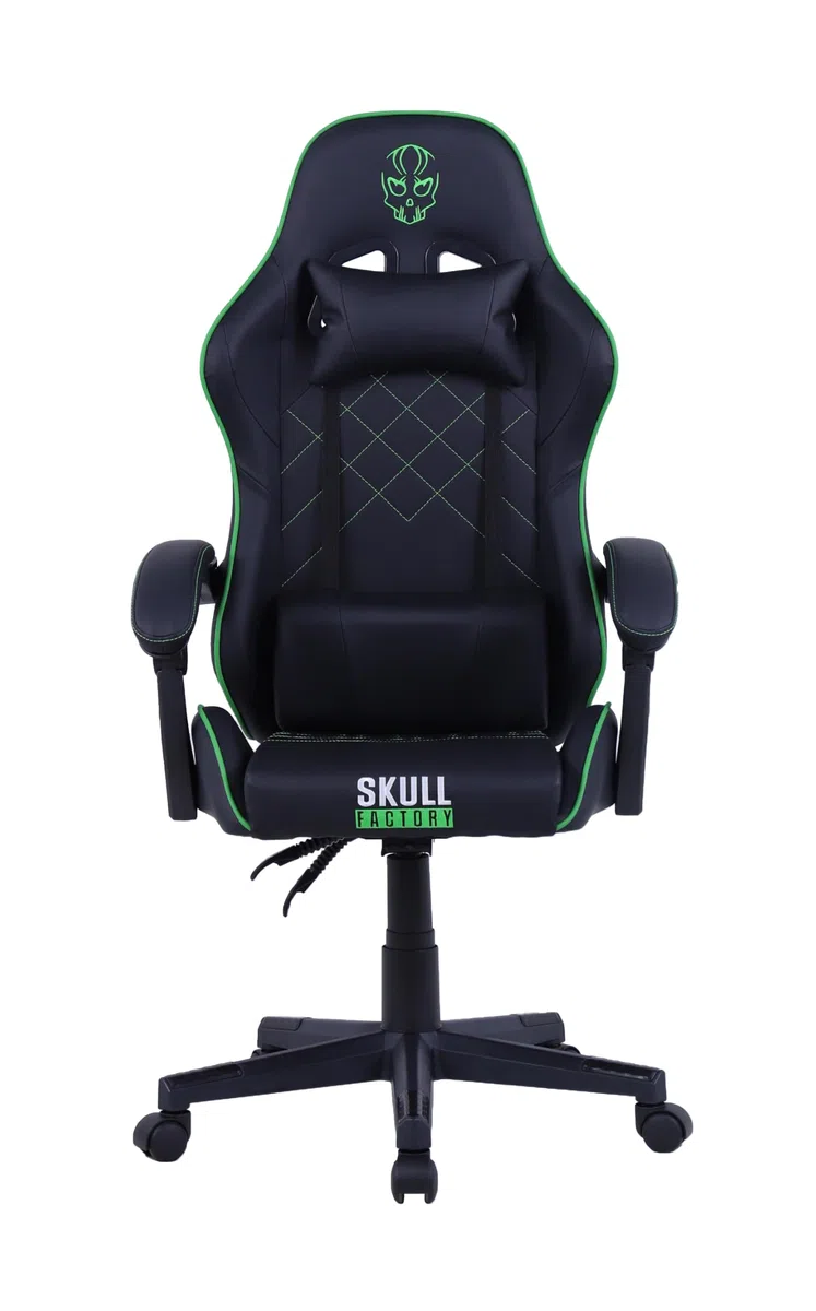 Skull Factory Sedia Gaming Ergonomica, Regolabile, Base Nylon, Pistone a Gas Classe 3, Cuscino Cervicale, Cuscino Lombare, Rivestimento in PVC, Ruote Silenziose