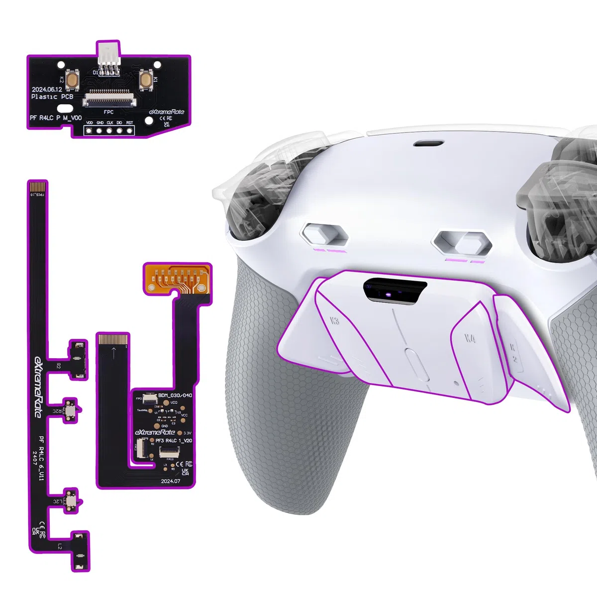 eXtremeRate RISE4 Plus MAX Remap Kit per ps5 Controller BDM-030 040 050 060, 4 Palette Posteriori Programmabili & Clicky Trigger Stop per ps5 Joystick - Senza Controller, Bianco&Grigio