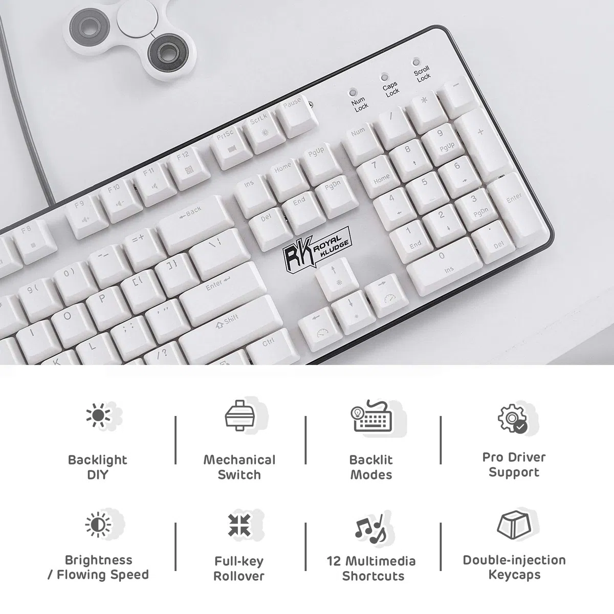 RK ROYAL KLUDGE RK920 Tastiera meccanica 100% cablata, Full Size 104 tasti Rainbow Gaming Keyboard con tastierino numerico, compatibile per Win/Mac, interruttore tattile marrone, bianco (layout USA)