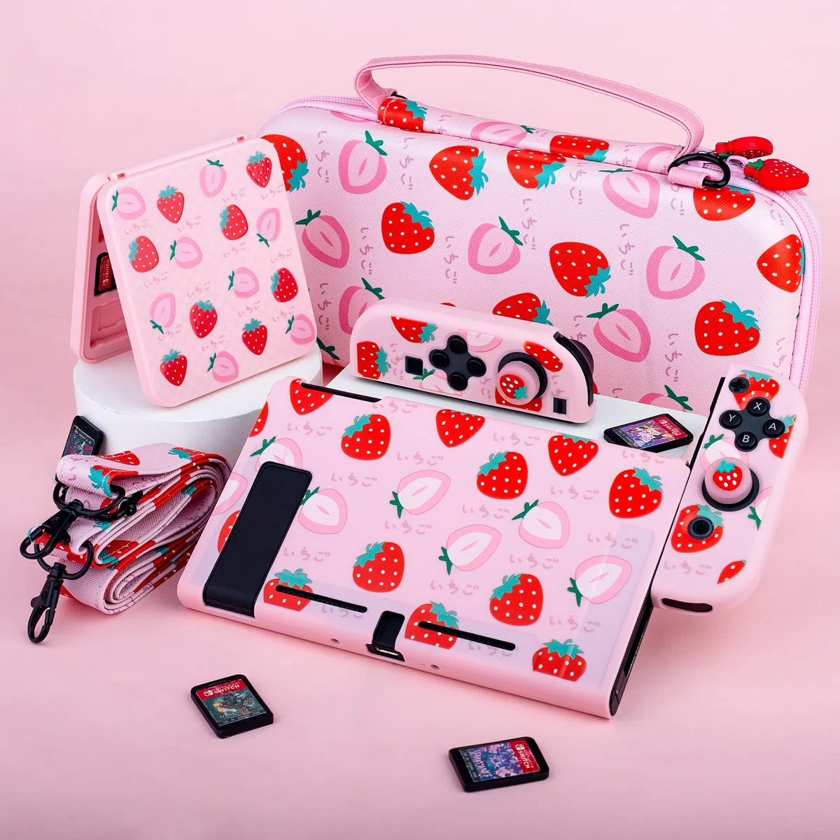 GLDRAM Custodia da trasporto rosa fragola per accessori Nintendo Switch, custodia da viaggio carina con custodia morbida in TPU, custodia da gioco, pellicola protettiva in vetro, tappi per impugnatura