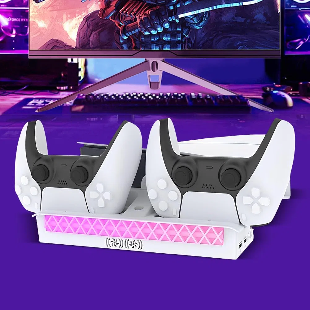 Stazione di raffreddamento RGB per PS5 con caricatore doppio controller e supporto per cuffie per console PS5