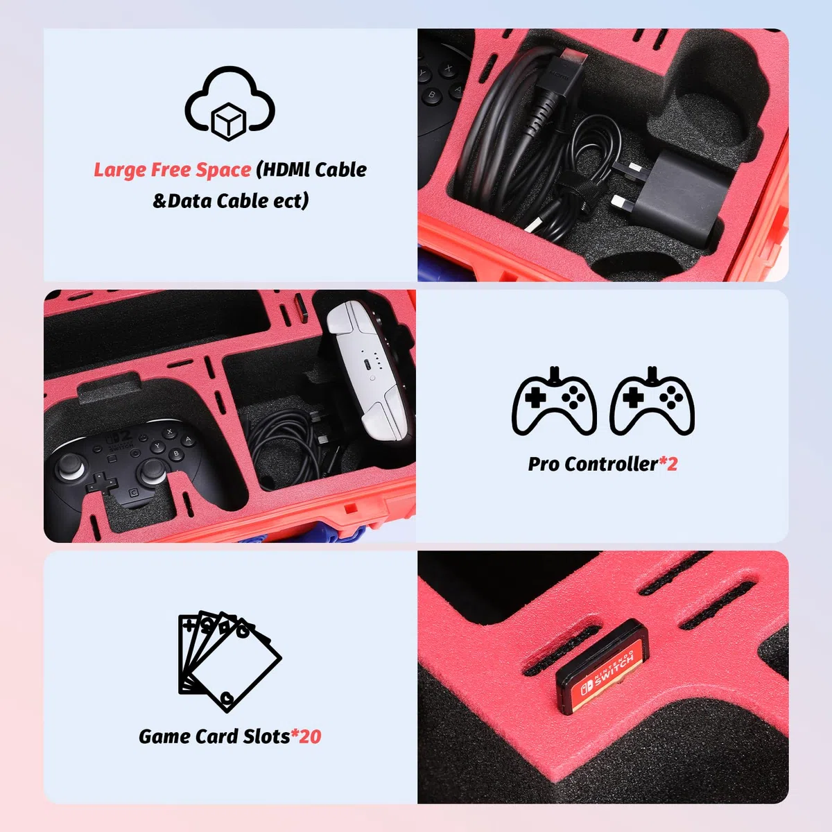 FPVtosky Custodia rigida per Nintendo Switch 2, borsa da viaggio impermeabile per gli accessori di Switch 2, contiene 2 controller Pro, 22 schede di gioco e cavo HDMI (Colorato)