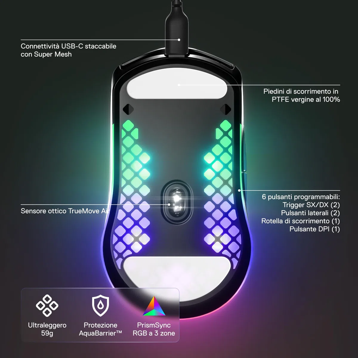SteelSeries Aerox 3 - Mouse da gioco RGB traforato - Design ultraleggero e resistente all'acqua - Sensore ottico TrueMove Core da 8.500 DPI - Onyx