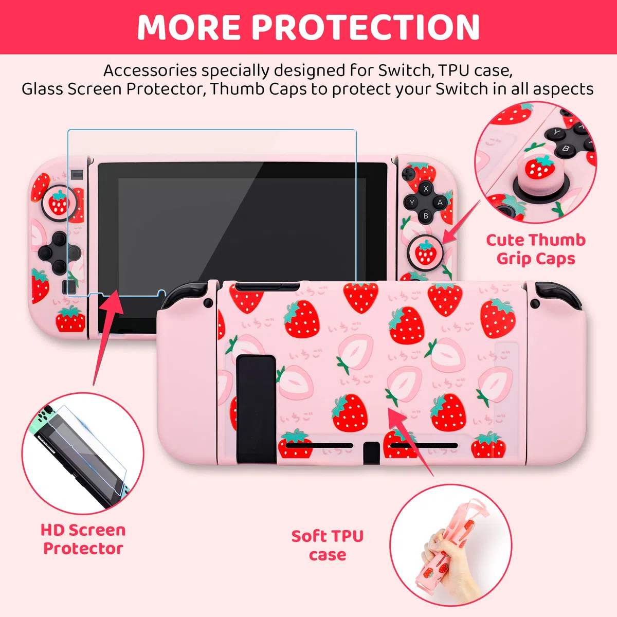 GLDRAM Custodia da trasporto rosa fragola per accessori Nintendo Switch, custodia da viaggio carina con custodia morbida in TPU, custodia da gioco, pellicola protettiva in vetro, tappi per impugnatura