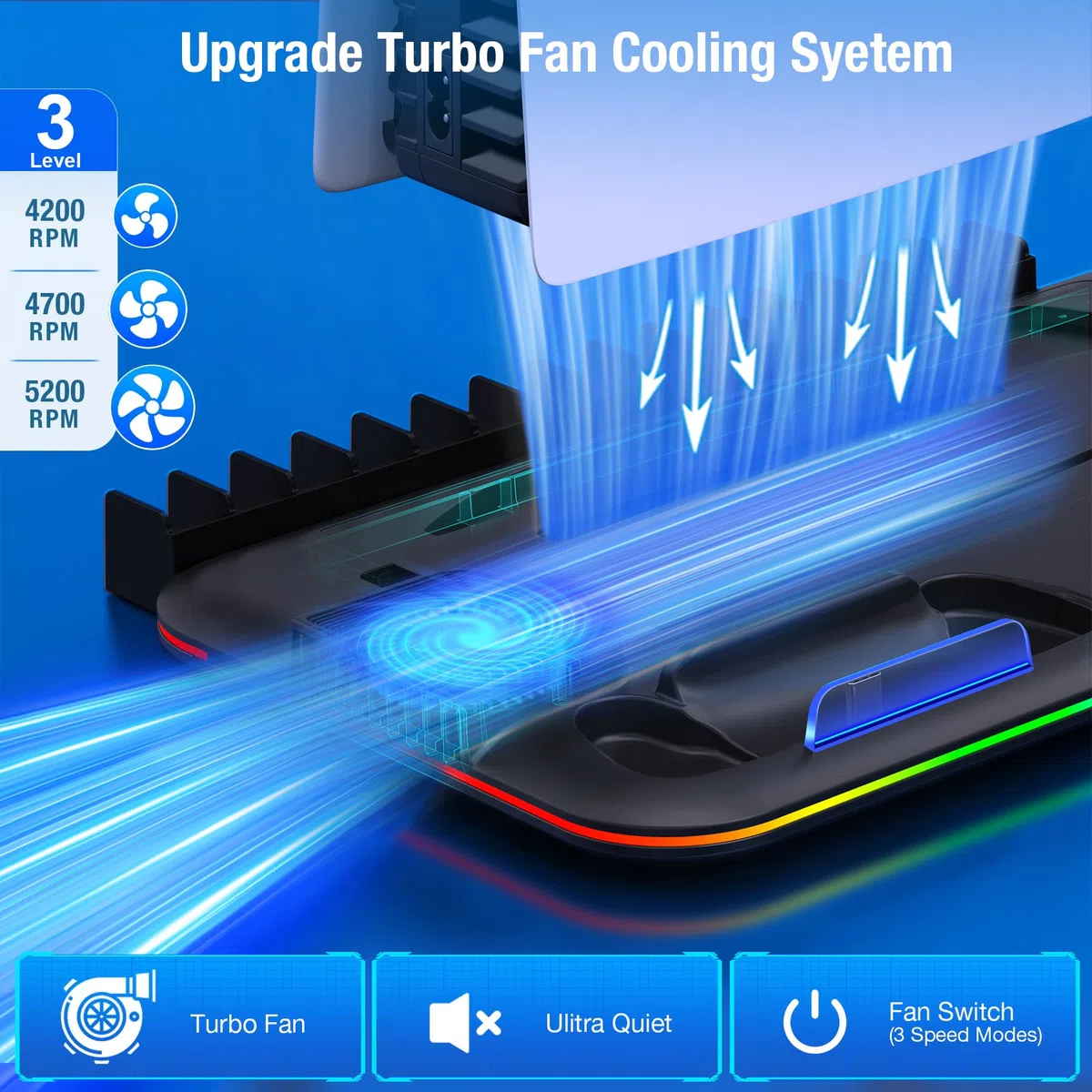 Enhance RGB LED PS5 Stand e stazione di raffreddamento con doppio controller di ricarica, 3 livelli regolabile PS5 Cooler, supporto per cuffie e slot di archiviazione