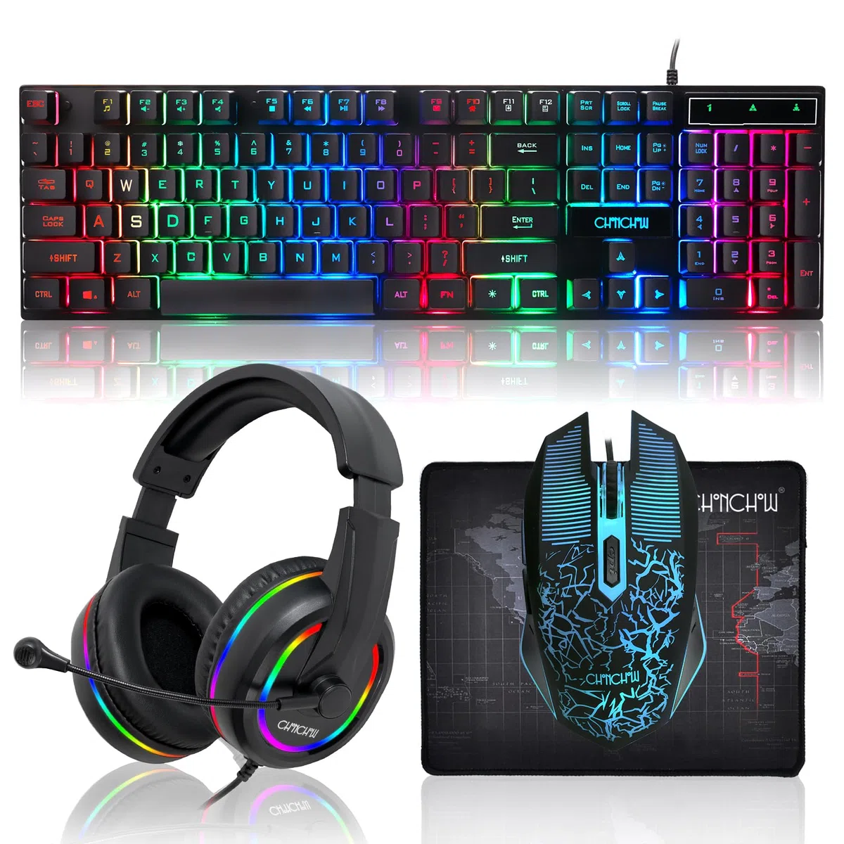 CHONCHOW Set di tastiera, mouse, cuffie e tappetino per mouse da gioco a LED, set di luci arcobaleno cablate per Xbox PS4 PS5 PC Laptop Gamer