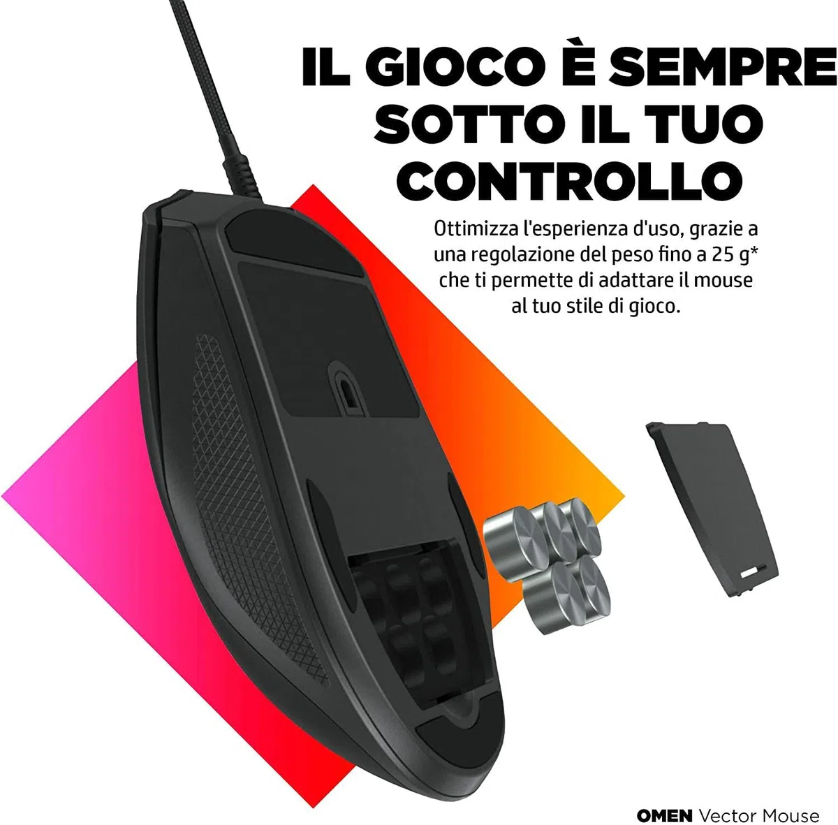HP OMEN Vector Mouse, 6 Tasti Programmabili, DPI 100 a 16.000, Sensore Precisione OMEN Radar 3, LED Personalizzabili, Rotella Scorrimento, Cavo USB Cablato, Regolazione Peso fino 25 g, Nero