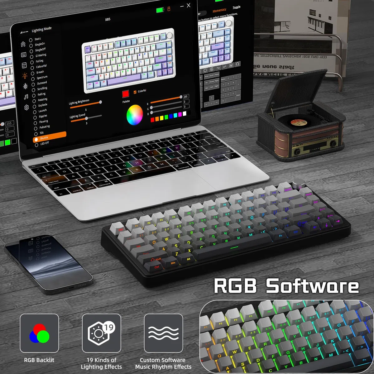 ATTACK SHARK X85 Guarnizione Tastiera meccanica con manopola, Tastiera da gioco wireless al 75% con imbottitura a cinque strati, BT5.0/2.4G/USB-C,RGB, sostituibile a caldo, Copritasti PBT (Nero)