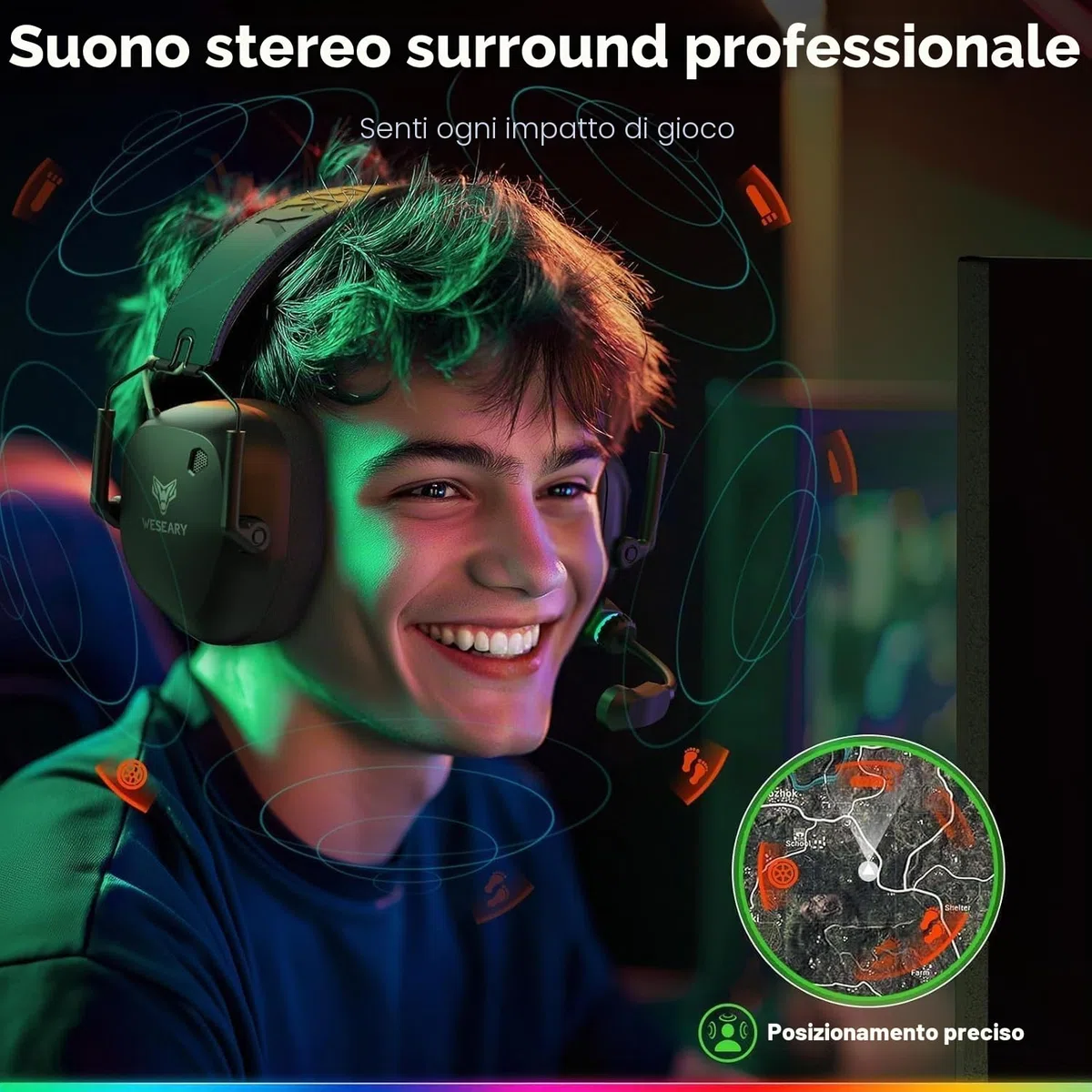 WESEARY WG4 Cuffie Gaming Wireless, 2,4 GHz Cuffie con Microfono per PS5, PS4, PC, Switch, Mac, Mobile, Stereo Cuffie Bluetooth con Luce LED, Batteria da 45 Ore