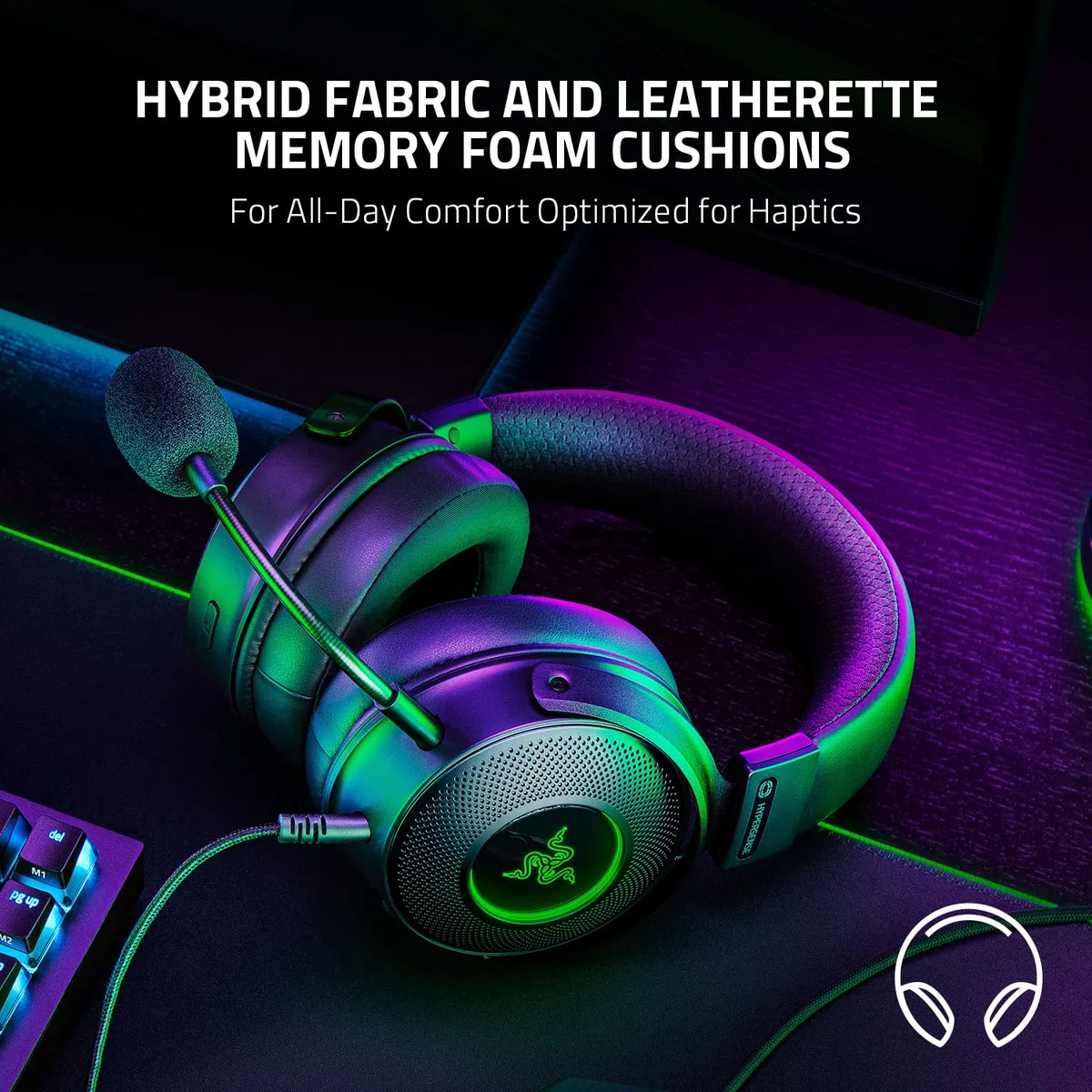 Razer Kraken V3 HyperSense Wired USB Gaming Headset w/Haptic Technology: driver Triforce Titanium 50mm - THX Spatial Audio - Tessuto ibrido e cuscinetti in memory foam in similpelle - Microfono