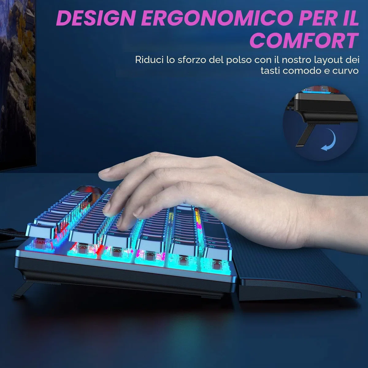 TECURS Tastiera meccanica da gioco con poggiapolsi magnetico e interruttori rossi, tastiera illuminata QWERTZ cablata, 105 tasti con anti-ghosting e manopola multimediale per PC/PS5/PS4