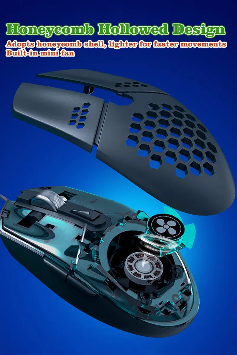 Mouse da gioco cablato con ventola, mouse per PC a nido d'ape con ventola di raffreddamento | Mouse da gioco con LED RGB per laptop, clic silenzioso e 4 livelli DPI, senza palmo sudato