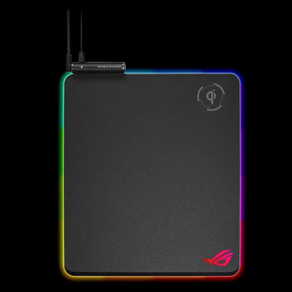 ASUS ROG Balteus Qi, Mousepad Gaming con Ricarica Wireless e Illuminazione RGB Aura Sync a 15 zone, Superficie Rigida Verticale, Passthrough USB e Base Antiscivolo, Nero