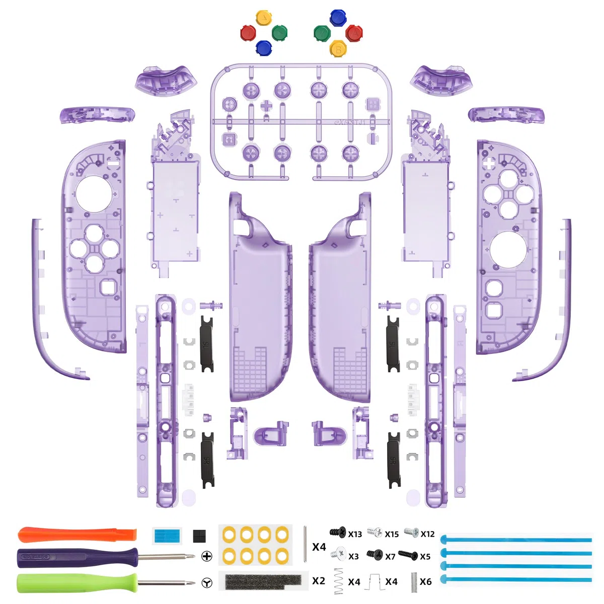 eXtremeRate Cover Tasti Kit + Levette Analogiche 3D Ricambio per Nintendo Switch 2 Controller - Trasparente Viola Atomico